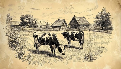 Rustic Charm: Vintage Sketch Of A Dairy Farm With Grazing Cows In The Countryside Meadow And Rural