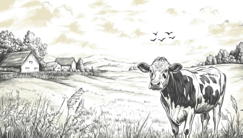 Cows Grazing In The Meadow On A Dairy Farm: Vintage Sketch Of A Rural Landscape In A Quaint Village