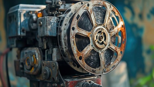 Vintage Outdoor Cinema Features Old Rusty Analog Rotary Film Movie Projector For A Retro Movie