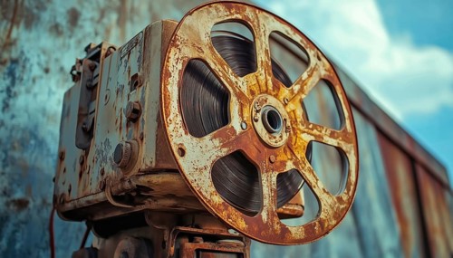 Vintage Outdoor Cinema: The Vintage Analog Rotary Film Projector On Display, Showing Signs Of Age