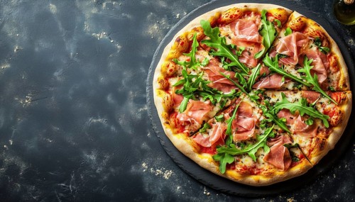 Delectable Pizza Topped With Prosciutto And Arugula: Classic Italian Snacks From A Bird'S Eye View.
