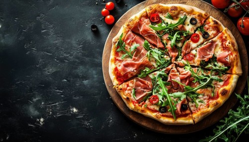 Tasty Pizza Topped With Prosciutto And Arugula: Italian Appetizers. Overhead Shot With Ample Space