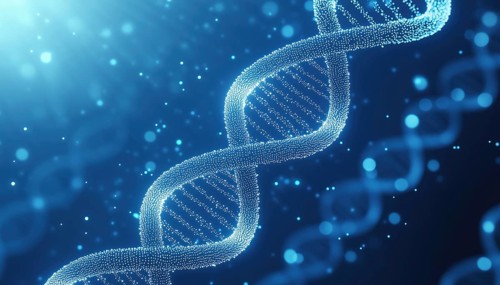 Futuristic White Dotted Double Helix Displayed On Blue Gradient With Dna Theme: A Scientific And
