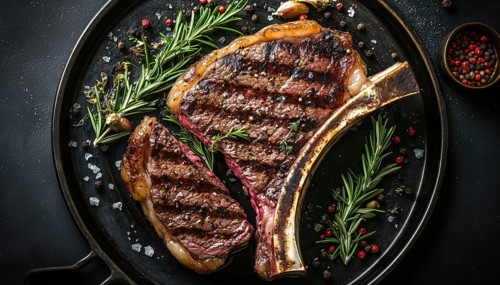 Top-View Grilled Tomahawk Steak On A Metal Plate With Rosemary And Spices, Served On The Bone, AI