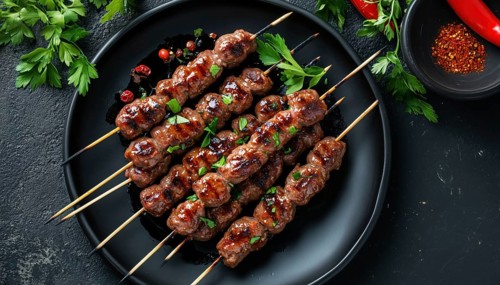 Delicious Grilled Lula Kebab Skewers With Spices Served On A Black Plate On An Antique Concrete