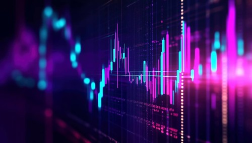 Modern Data Dashboard Featuring Purple And Teal Candlestick Bars With Neon Trend For Financial