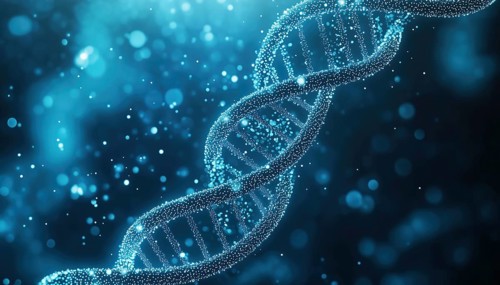 Elegant White Dotted Double Helix On Blue Gradient With Dna Theme: A Modern Fusion Of Science And