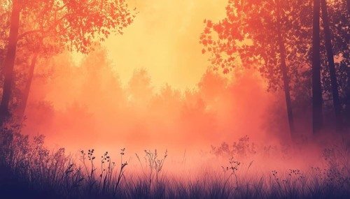 Misty Landscape Of Forest And Meadow With Silhouettes Of Trees And Grass In Orange And Pink Hues.