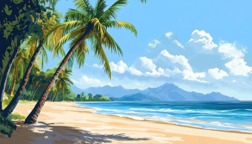 Tropical Sandy Beach With Palm Trees, Stunning Sea And Mountain Scenery: A Tranquil Slice Of