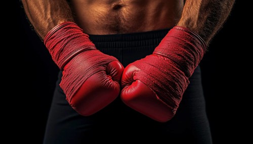 Strong Hands And Fists Wrapped In Red Boxing Wraps: Ready For Training And Active Exercise In A