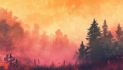 Serene Landscape: A Misty Horizon Of Trees And Grass In Orange And Pink. Enchanting Mist, Forest