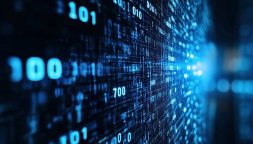 Digital Display Technology: White Numbers On Blue Screen For Data Analysis, Cybersecurity, Computer