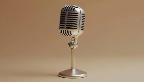 Silver Metal Retro Microphone Realistic Mockup: Square Shape Microphone On Short Leg And Stand For