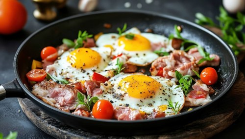Cooking Morning Breakfast And Dinner: Non-Stick Frying Pan With Meat, Eggs, And Vegetables For