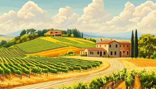 Rural Tuscan Landscape With Farmhouse, Vineyard, Fields, And Hills. Handcrafted Illustration With