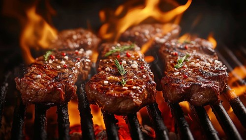 Sizzling Beef Steaks And Skewers Soaring Over A Cast Iron Grill With Flames. Captured In Stunning