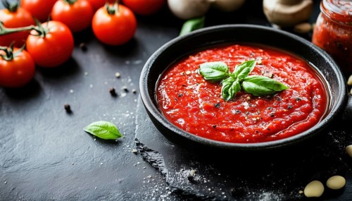 Delicious Italian Tomato Sauce, Pasta Dressing, And Pizza Cooked In A Frying Pan On A Black