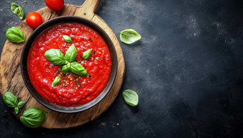 Top-View Image Of Tomato Sauce In A Frying Pan, Placed On A Wooden Board On A Black Surface.