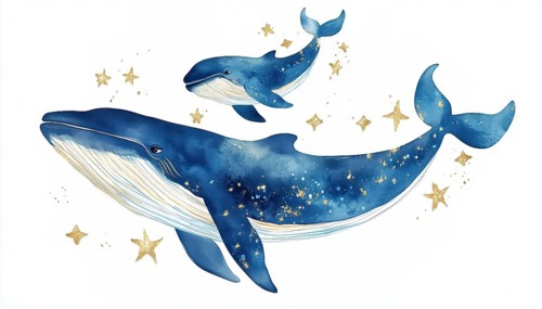 Adorable Water Whale: Blue Whale, Golden Stars, Ocean, Starfish. Mother And Baby Whale Swimming In