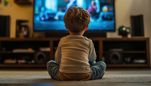 Little Boy Sitting On Floor Watching Cinema On Tv At Home: Author'S Photo On Tv Screen Captures The