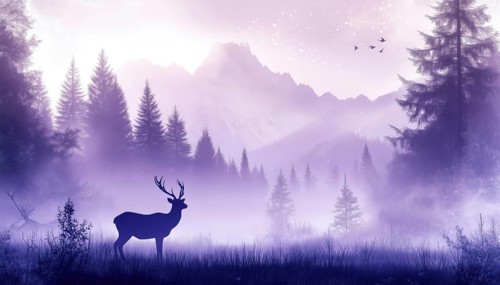 Enchanting Scene Of Deer Family Standing In Meadow Among Trees And Mist In A Violet Bookmark: A