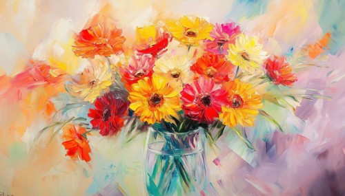 Hand Painted Abstract Oil Painting Depicting Spring Flowers: Yellow And Red Gerbera, Full Bouquet
