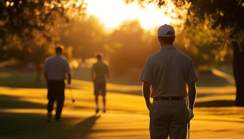 Men Playing Golf Under The Sun. Enjoying A Round Of Golf In The Sunny Weather. Male Golfers Teeing