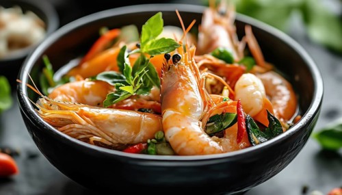 Close-Up View Of Exotic Asian Restaurant Food Menu Featuring Hot Boiled Shrimps With Natural