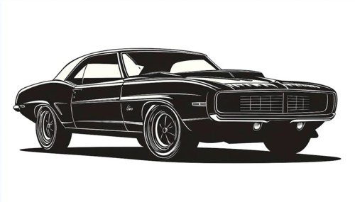 Retro V8 Auto Garage: Iconic American Sports Muscle Car Dealership Logo Featuring Vintage Vehicle