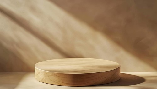 Wooden Round Board With Spotlight From Above: Cylinder Shape Podium And Stand Casting A Shadow On