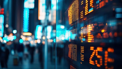 Stock Market Quotes Reflected On Glass Display With City Scene Background. Showcasing The Hustle