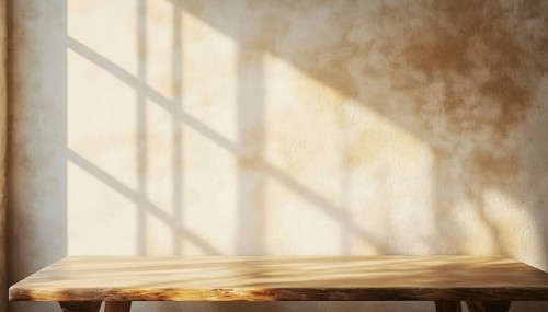Beige Wall With Empty Table, Window Shadow, And Sunlight: Ideal Set-Up For Presentations, Branding