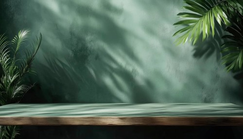 Empty Table On Dark Green Wall With Botanical Shadows: Ideal Mock-Up For Presentation, Branding,