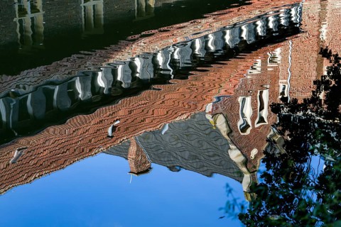 Water reflection, Senden Castle, Senden, North Rhine-Westphalia, Germany