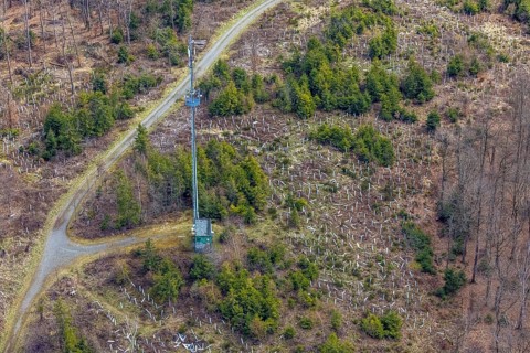 Aerial photograph, hiking trail on Häusling mountain with radio mast, protective sleeves for new