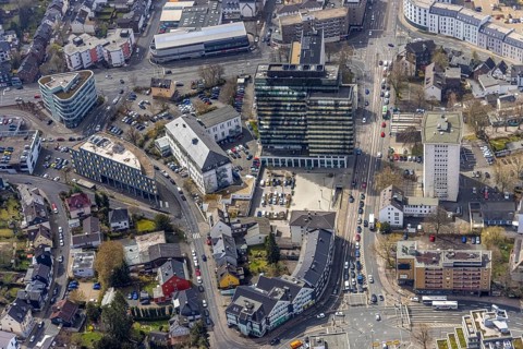 Aerial view, City with district hall, Kulturhaus LÃ¿z, residential and commercial property in