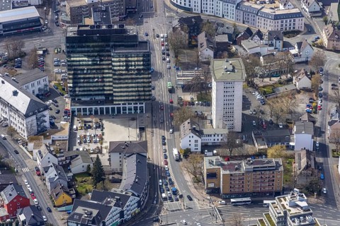 Aerial view, City with Kreishaus, Kulturhaus LÃ¿z, residential and commercial property in Koblenzer