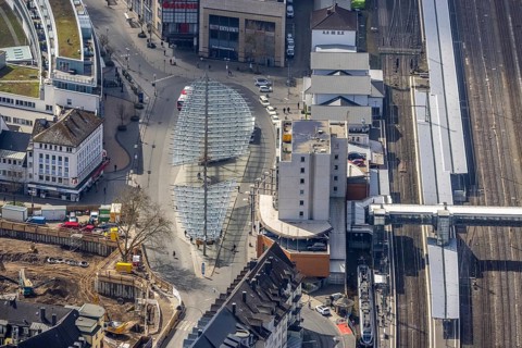 Aerial view, Siegen main station with ZOB bus station, roundhouse, Siegen-Kernband, Siegen,