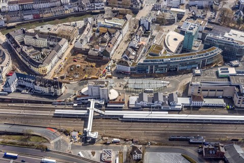 Aerial view, Siegen main station with ZOB bus station, Sieg-Carré, Siegen-Kernband, Siegen,