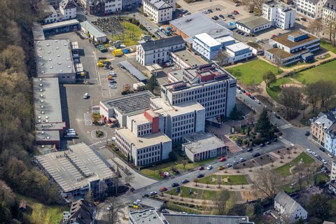 Aerial view, company building of Siemens Building Technologies and Westnetz GmbH, Friedrichstraße,