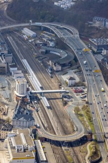 Aerial view, Siegen main station with ZOB bus station, roundhouse, City-Galerie, Sieg-Carré,