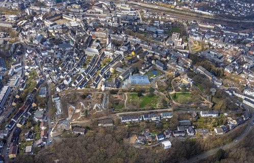 Aerial view, city centre view, castle park and construction site in the southern part of the castle