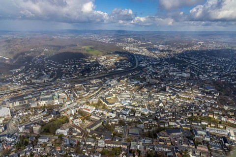 Aerial view, townscape and Lower Castle with the University of Siegen, Campus Lower Castle,