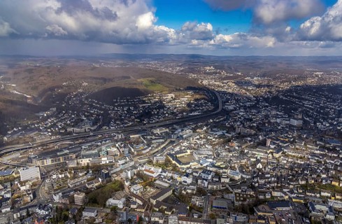 Aerial view, townscape and Lower Castle with the University of Siegen, Campus Lower Castle,