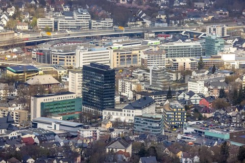 Aerial view, City with Kreishaus, Kulturhaus Lütz, Siegen-Kernband, Siegen, Siegerland, North