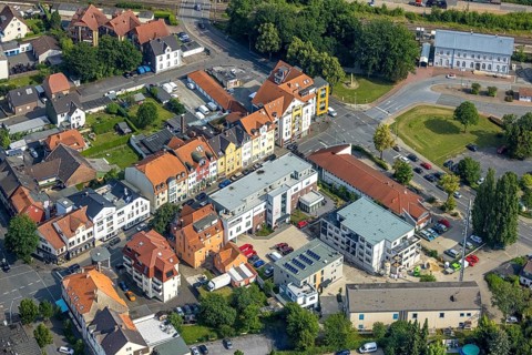 Aerial view, police station, Caritas social centre Werl and construction site new building in