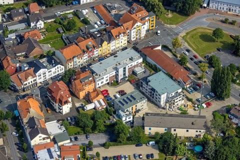 Aerial view, police station, Caritas social centre Werl and construction site new building in