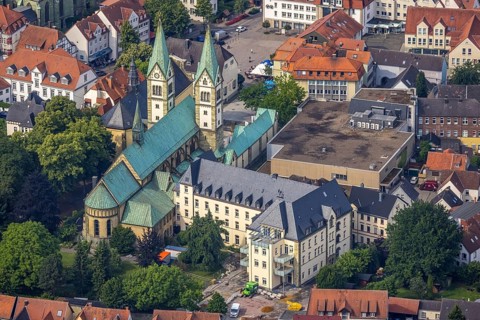 Aerial view, pilgrimage basilica of the Visitation of the Virgin Mary, Werl, Soester Börde, North
