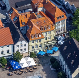 Aerial view, gastronomy cafe and restaurant Alter Markt, Werl, Soester Börde, North