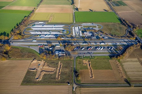 Aerial view, motorway A44 service area Am Haarstrang with construction site and expansion at